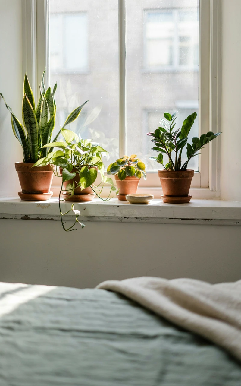 17 Green Aesthetic Bedroom Ideas That Feel Cozy and Stylish 7 Bedroom windowsill lined with a snake plant, pothos, peperomia and ZZ plant in terracotta pots in morning light