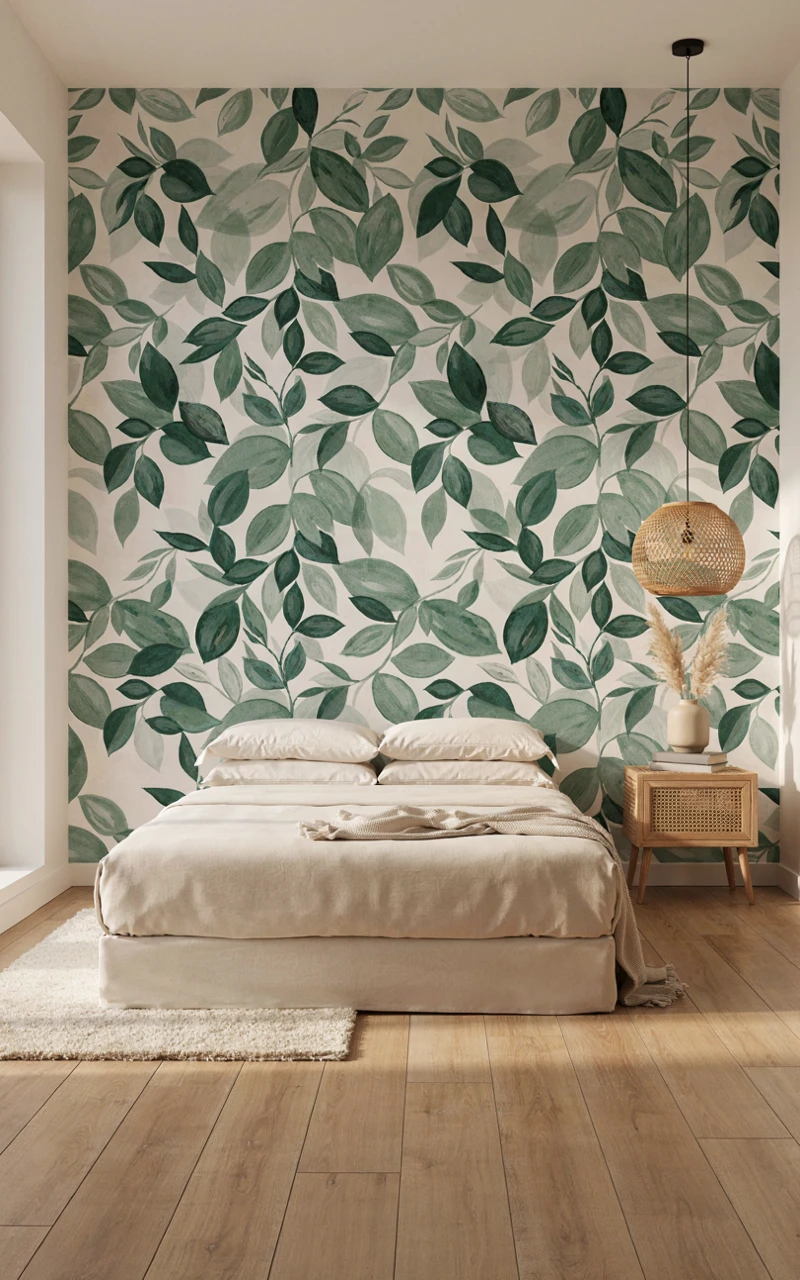 17 Green Aesthetic Bedroom Ideas That Feel Cozy and Stylish 8 Green leaf-print botanical wallpaper behind a bed with plain cream bedding, a cane nightstand and a rattan pendant
