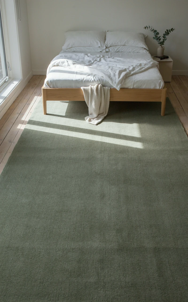 17 Green Aesthetic Bedroom Ideas That Feel Cozy and Stylish 9 Large sage green wool rug under a light wooden bed frame on a pale oak floor in a bright bedroom
