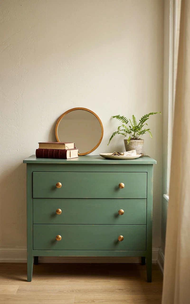 17 Green Aesthetic Bedroom Ideas That Feel Cozy and Stylish 10 Old wooden dresser painted forest green with brass knobs, topped with a round mirror, books and a small fern