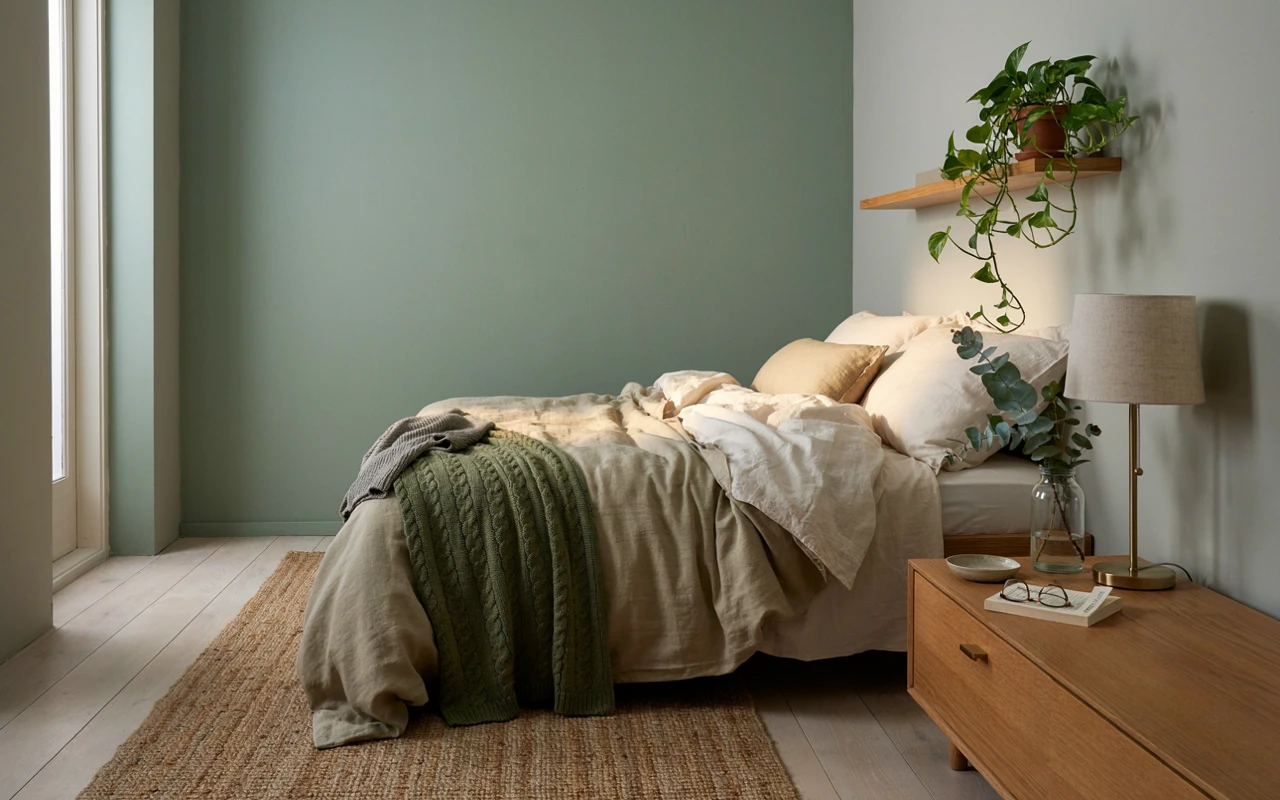 17 Green Aesthetic Bedroom Ideas That Feel Cozy and Stylish 1 Bedroom with a green aesthetic: sage wall, olive linen bedding, moss knit blanket, brass lamp and a jar of eucalyptus
