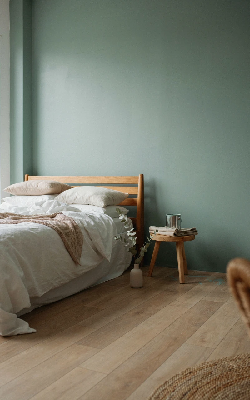 11 Greenery Bedroom Ideas for a Fresh and Cozy Space 2 A soft sage green painted wall behind an oak headboard, a simple first step for a green bedroom