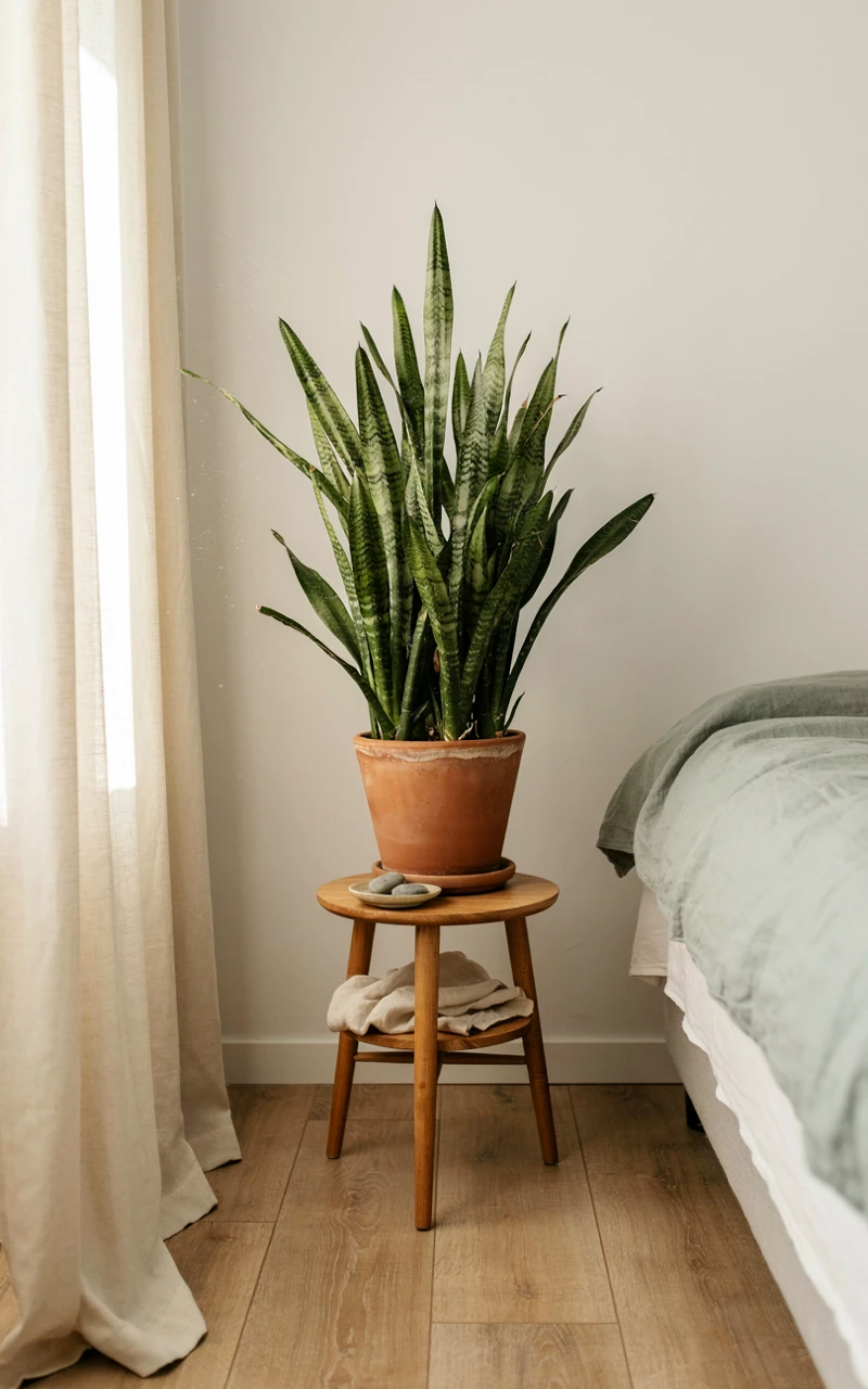 11 Greenery Bedroom Ideas for a Fresh and Cozy Space 5 A tall snake plant in a terracotta pot filling an empty bedroom corner, an easy green bedroom plant