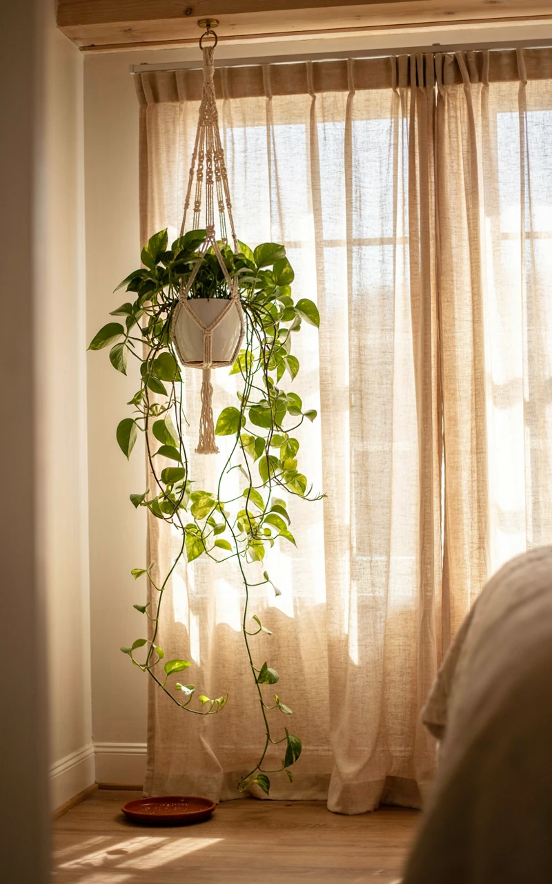 11 Greenery Bedroom Ideas for a Fresh and Cozy Space 6 A trailing pothos in a macrame hanger beside a bedroom window with sheer linen curtains