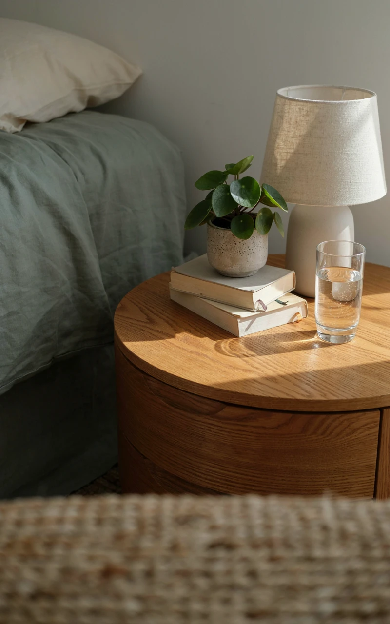 11 Greenery Bedroom Ideas for a Fresh and Cozy Space 7 A small peperomia in a stoneware pot on an oak nightstand beside a lamp and books