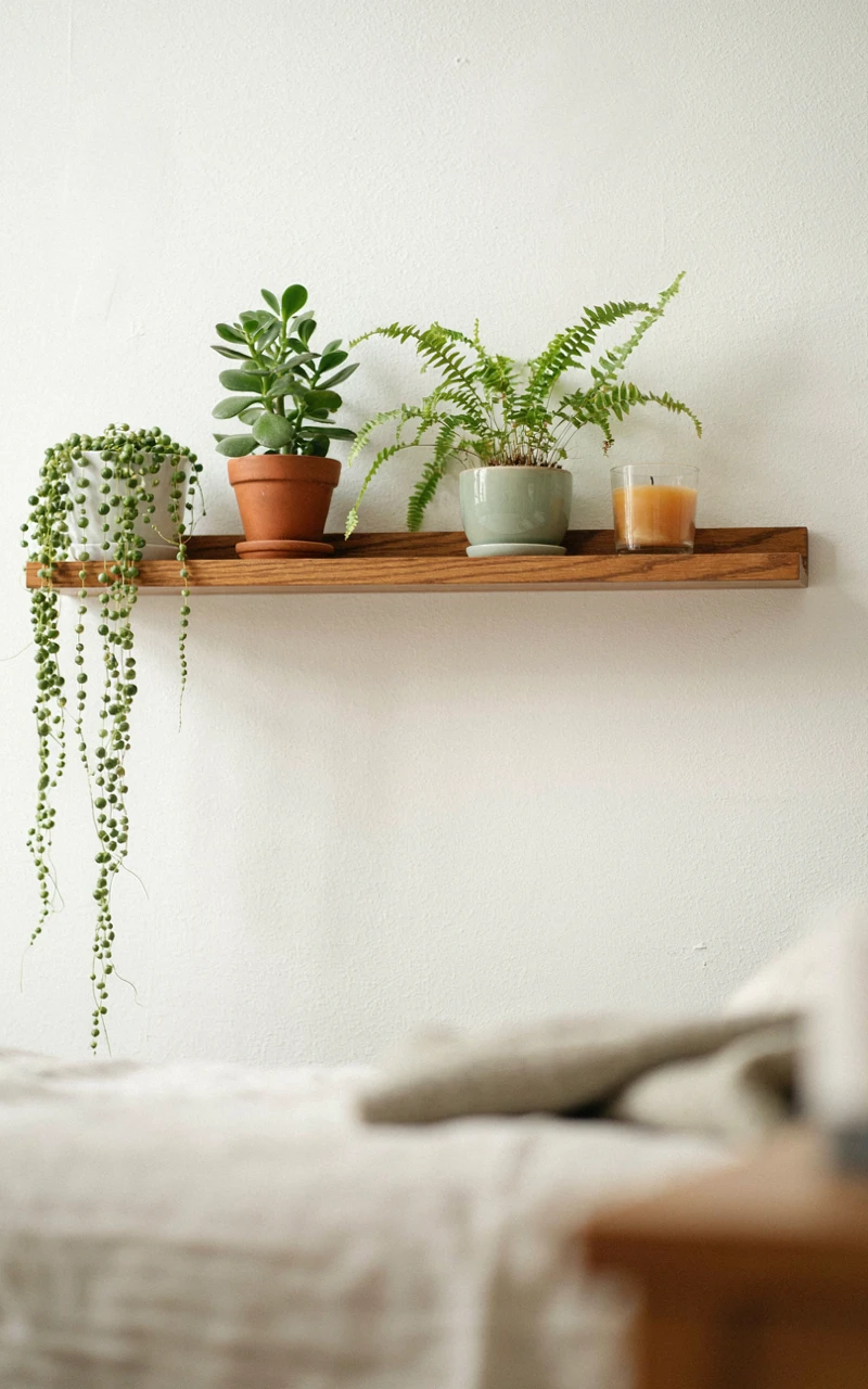 11 Greenery Bedroom Ideas for a Fresh and Cozy Space 8 A floating walnut shelf lined with small potted plants, including a trailing string of pearls, on a bedroom wall