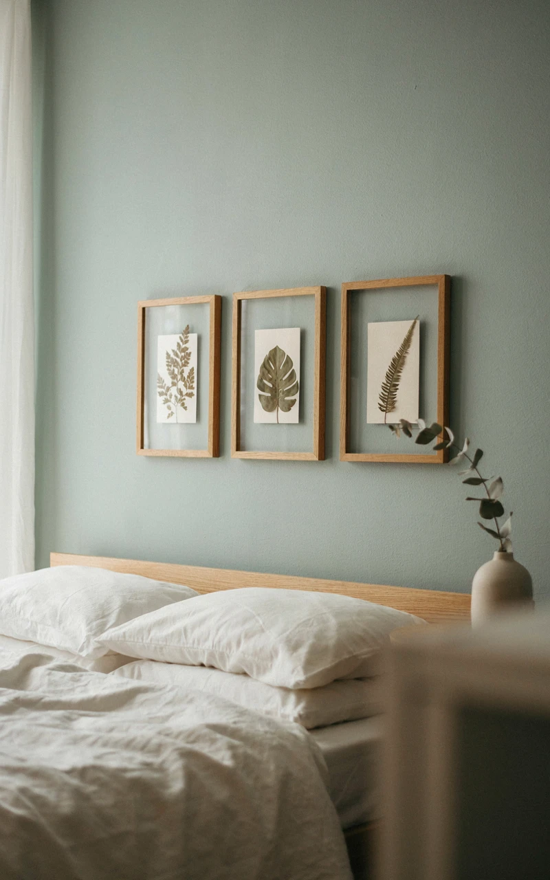 11 Greenery Bedroom Ideas for a Fresh and Cozy Space 9 Three oak frames with pressed fern leaves hung above a bed, simple botanical bedroom decor