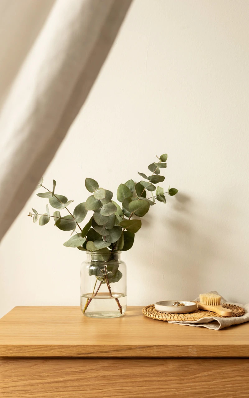 11 Greenery Bedroom Ideas for a Fresh and Cozy Space 10 Eucalyptus stems in a clear glass jar on a wooden dresser in a green bedroom