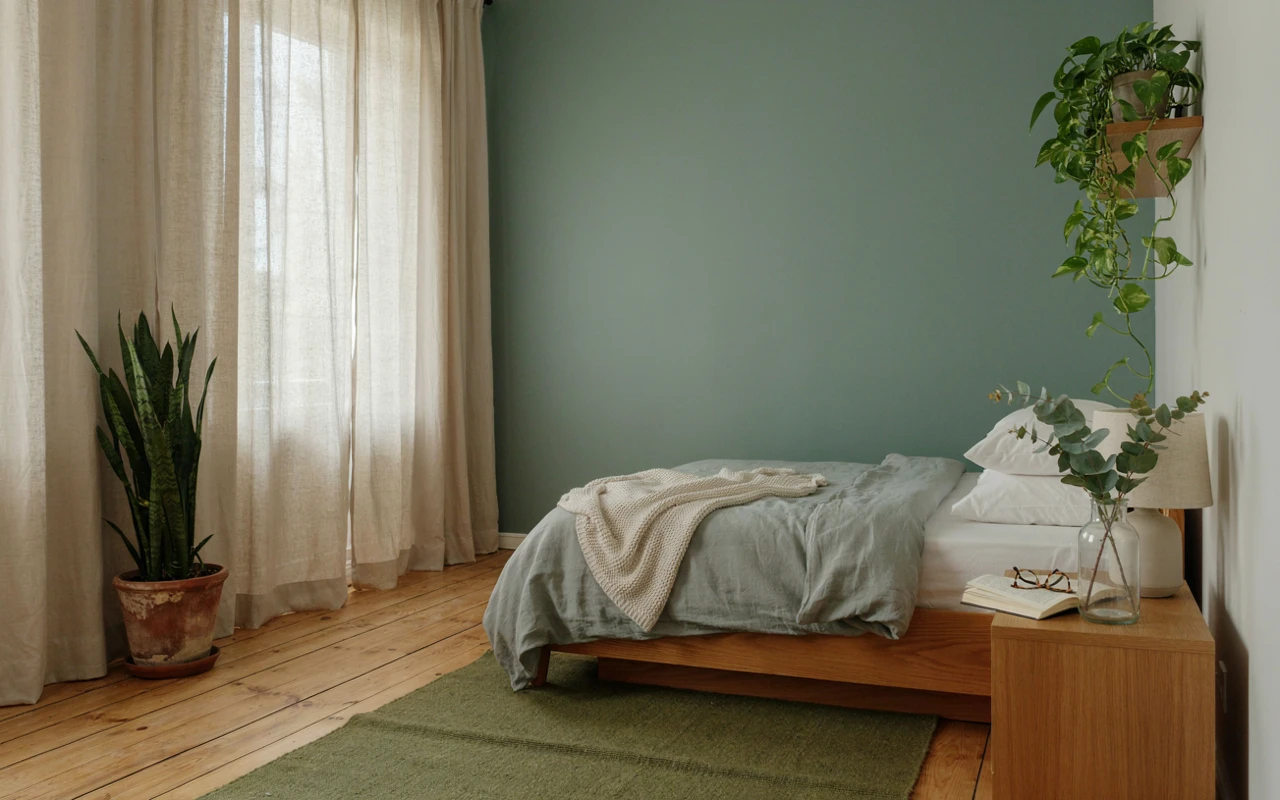 11 Greenery Bedroom Ideas for a Fresh and Cozy Space 1 Bedroom showing greenery bedroom ideas: a sage wall, linen bedding, a snake plant, a trailing pothos and eucalyptus in a jar