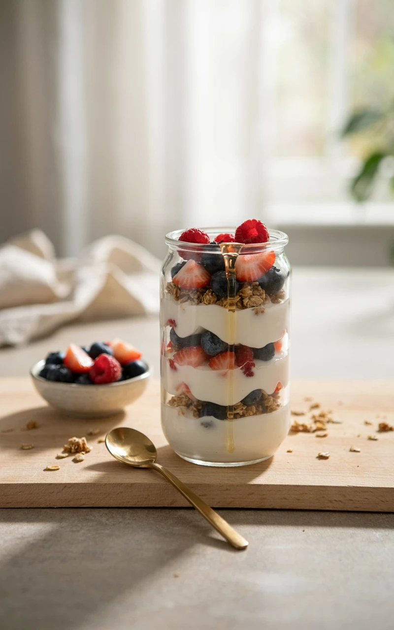 11 Healthy Snack Ideas for Any Time of Day 2 A glass jar of Greek yogurt layered with blueberries, strawberries and granola, an easy healthy snack for the morning