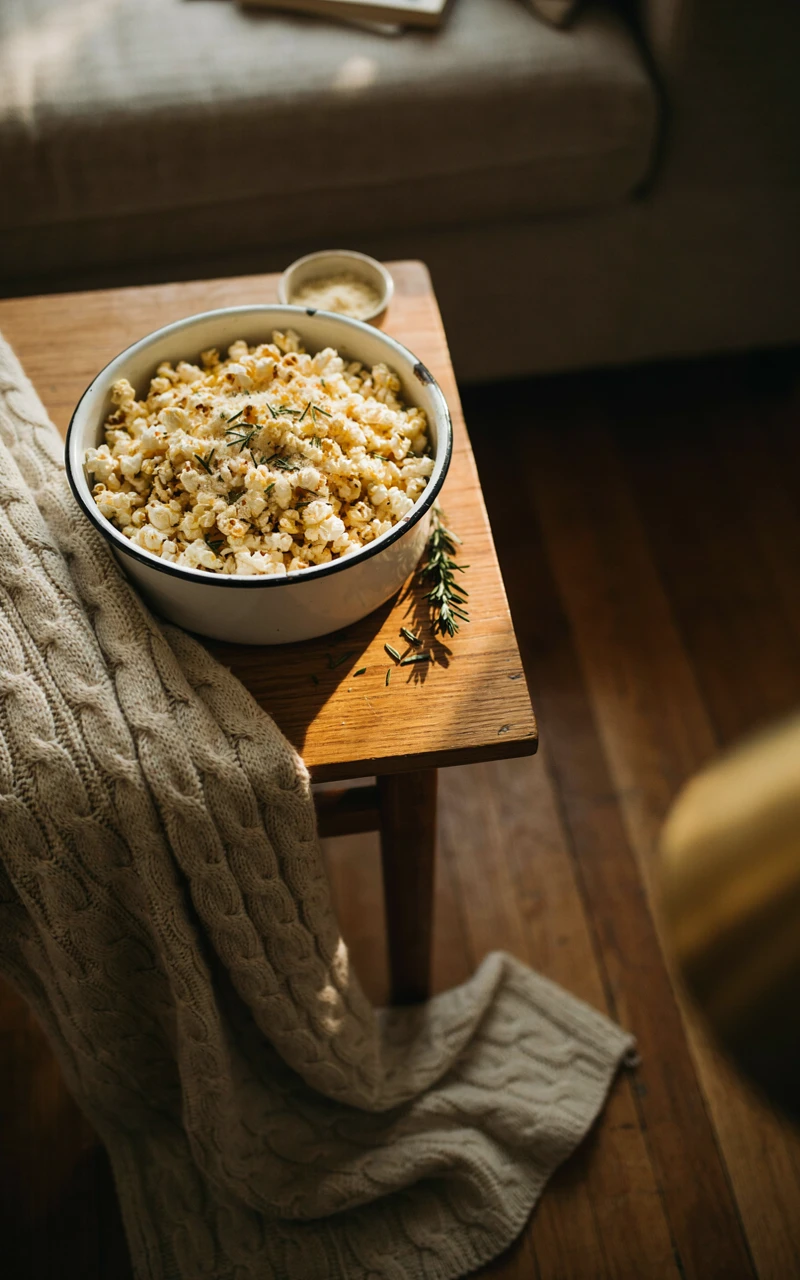 11 Healthy Snack Ideas for Any Time of Day 11 An enamel bowl of olive oil popcorn with parmesan and rosemary on a coffee table, a good snack for evenings