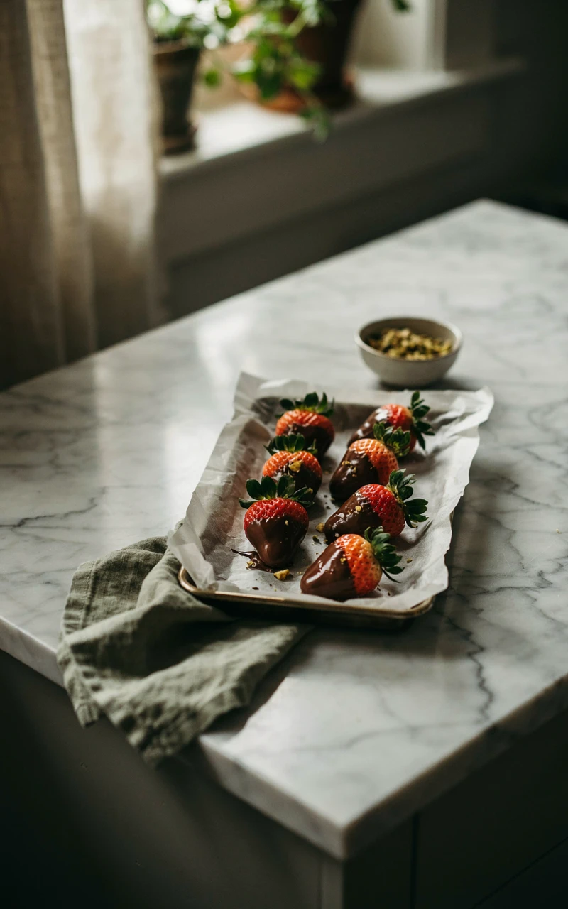 11 Healthy Snack Ideas for Any Time of Day 12 Strawberries dipped in dark chocolate with crushed pistachios on parchment, a sweet healthy snack for evenings