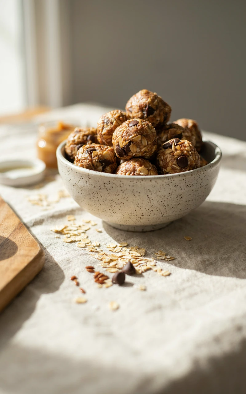 11 Healthy Snack Ideas for Any Time of Day 3 A stoneware bowl of peanut butter oat energy bites with chocolate chips, one of the good snacks to make ahead