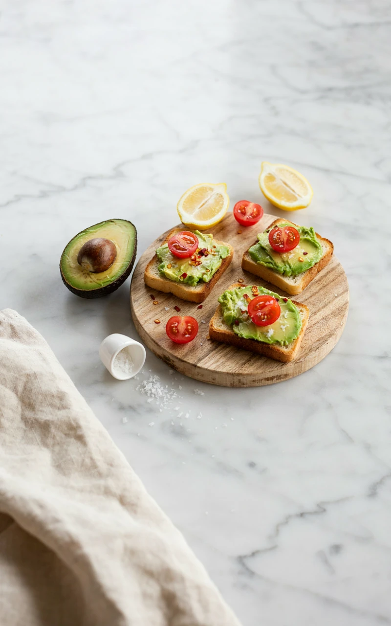 11 Healthy Snack Ideas for Any Time of Day 4 Mini avocado toast bites with cherry tomatoes and chili flakes on a wooden board beside a halved avocado