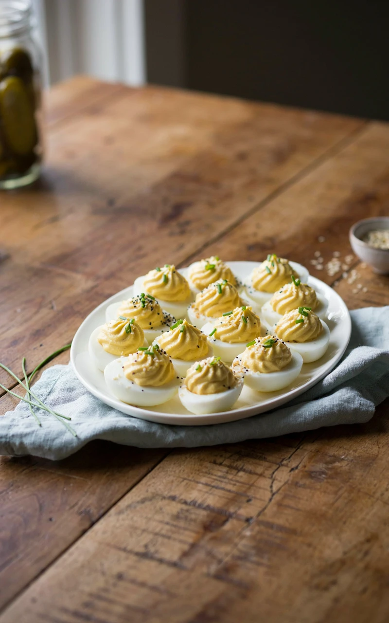 11 Healthy Snack Ideas for Any Time of Day 5 A white platter of deviled eggs topped with everything bagel seasoning and chives, a simple high-protein snack