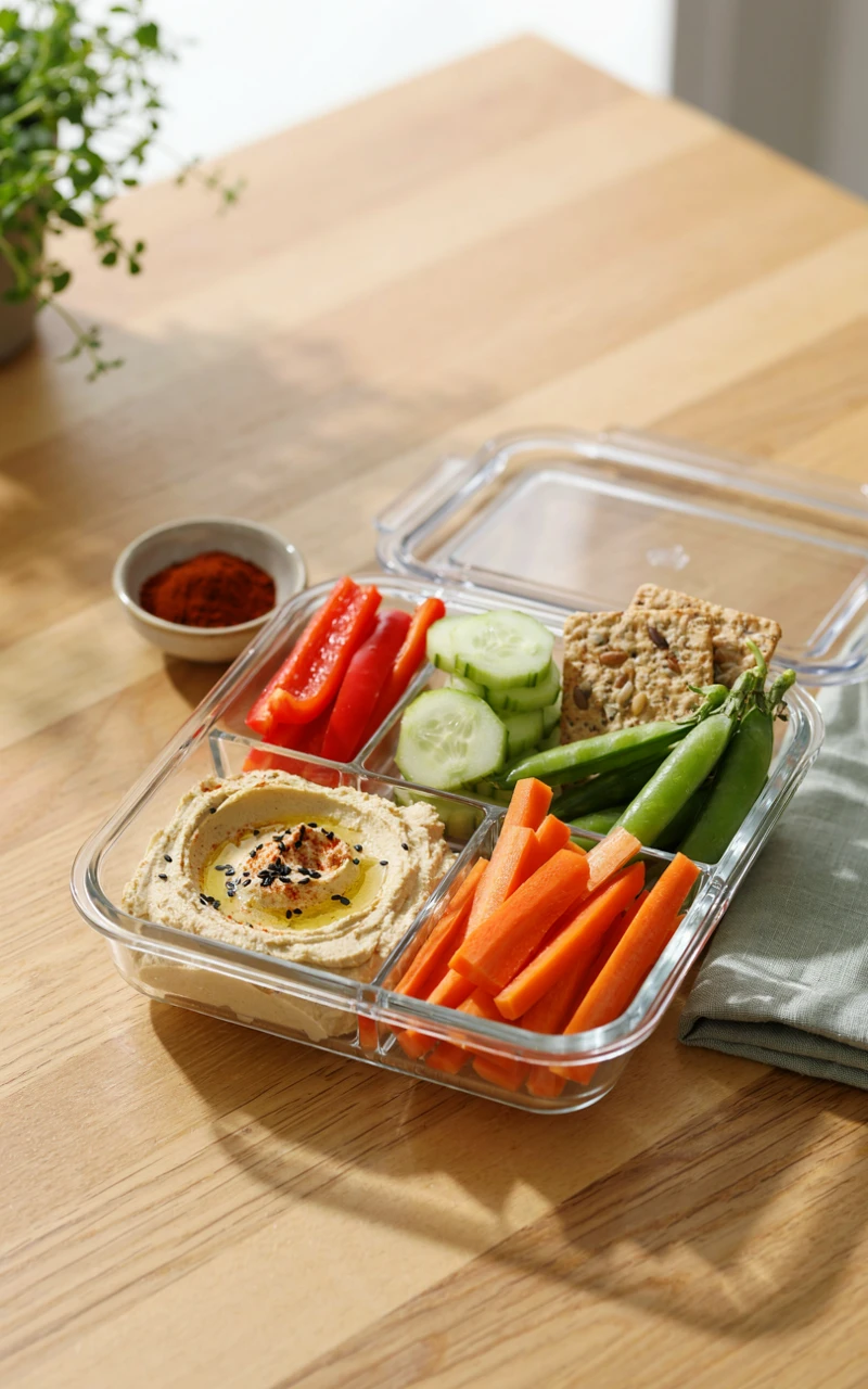 11 Healthy Snack Ideas for Any Time of Day 7 A glass snack box with hummus, carrot sticks, cucumber, bell pepper and crackers, one of the simple snack ideas to pack