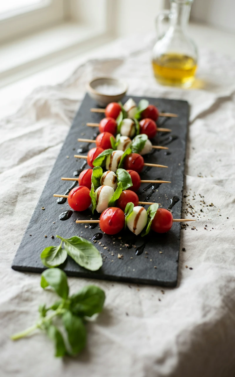 11 Healthy Snack Ideas for Any Time of Day 9 Caprese skewers with cherry tomatoes, basil and mozzarella drizzled with balsamic glaze on a slate board