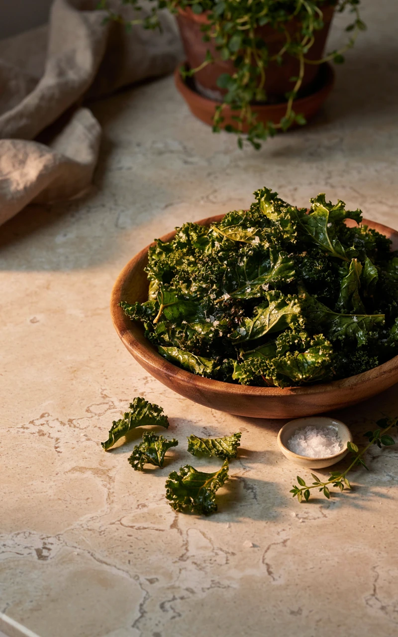 11 Healthy Snack Ideas for Any Time of Day 10 A wooden bowl of crisp baked kale chips with sea salt and parmesan, an easy healthy snack for the afternoon