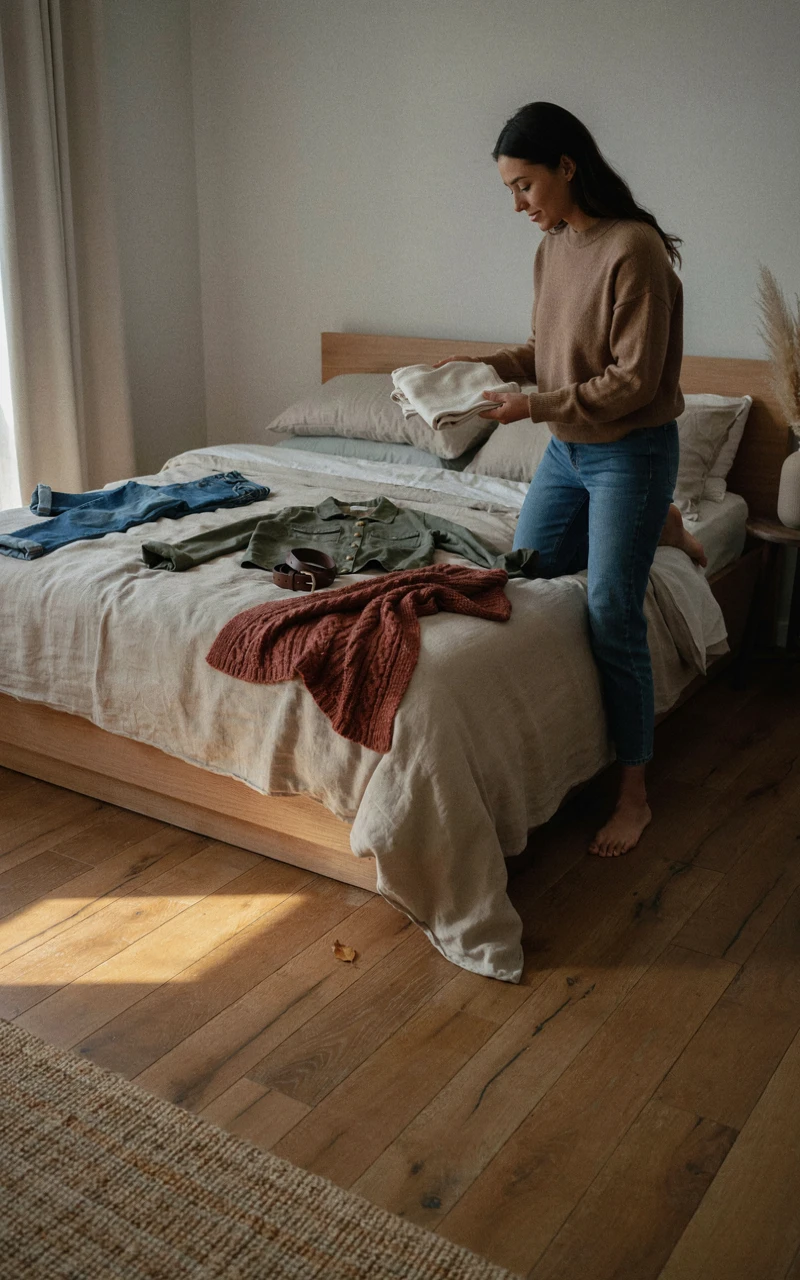 How to Style a Fall Outfit With Basics You Already Own 4 A woman in a camel sweater lays out rust, olive, brown and cream pieces to plan a fall fashion color palette