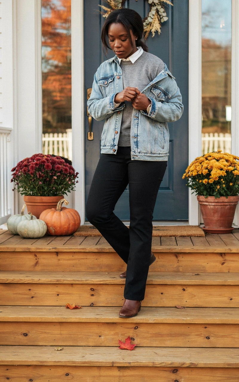 How to Style a Fall Outfit With Basics You Already Own 6 A woman pulls a denim jacket over a gray sweater and black trousers on a porch with pumpkins