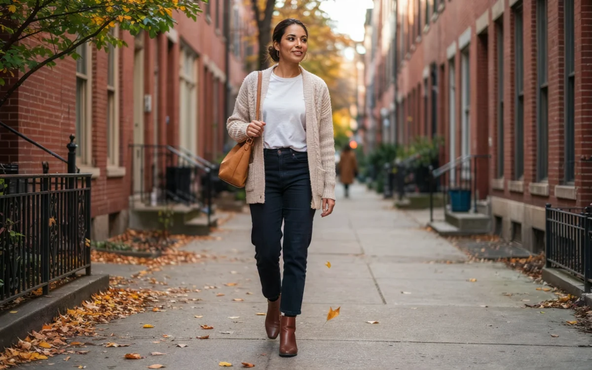 A woman shows how to style a fall outfit with a cream cardigan, white tee, dark jeans and ankle boots on a leafy street
