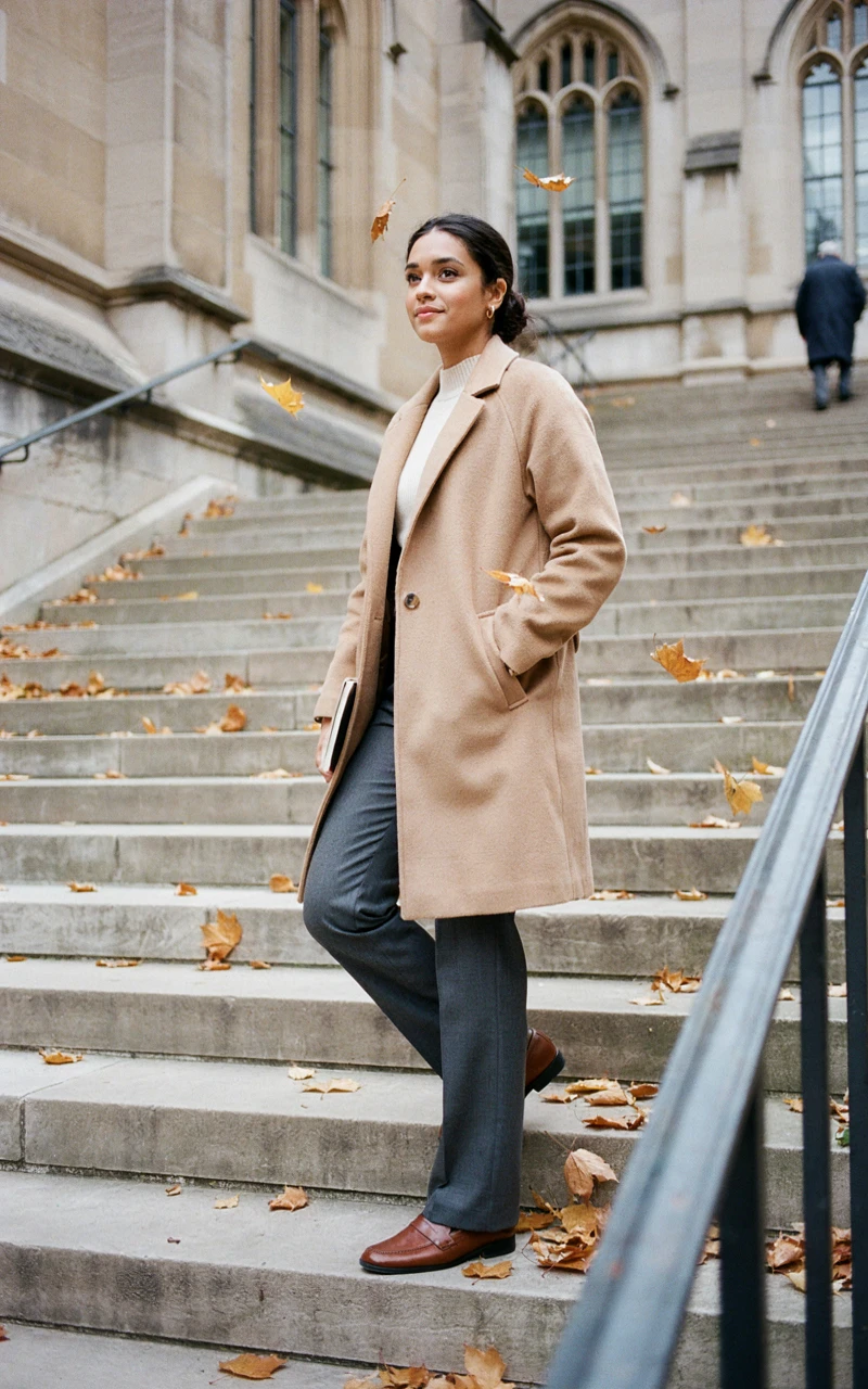 A woman in a camel coat, cream turtleneck and gray tailored trousers, a classic old money fall outfit