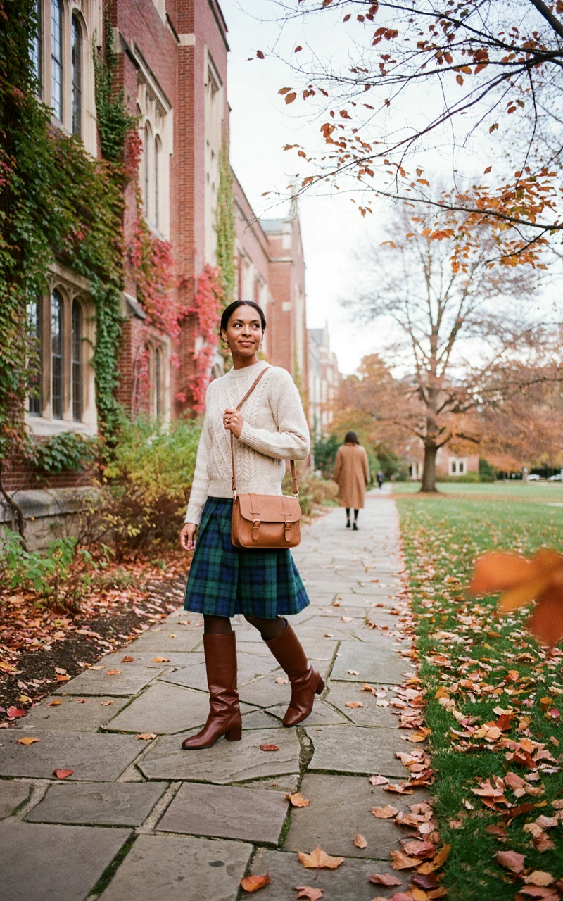 Dark brown woman in an ivory cable-knit sweater and green tartan pleated skirt with brown knee-high boots for fall