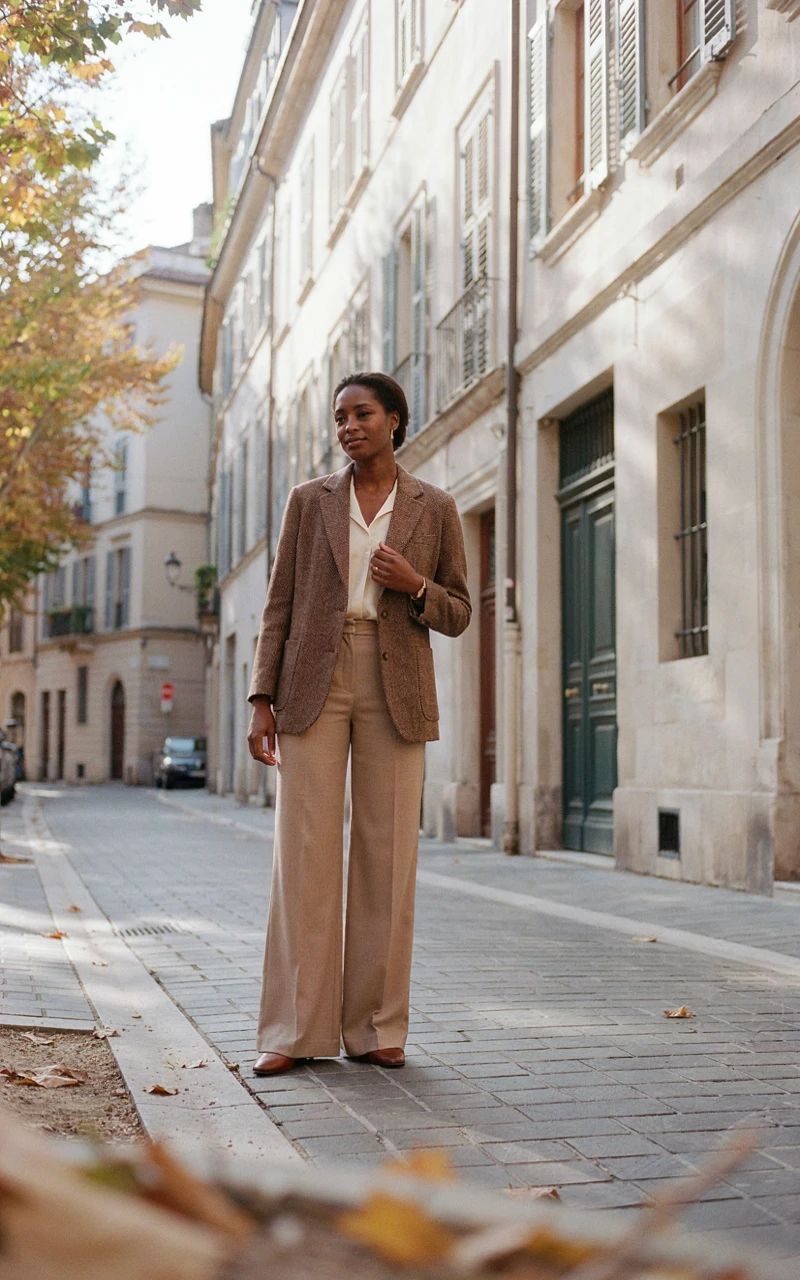 A woman wearing a brown tweed blazer with oatmeal wide-leg wool trousers, a classy outfit for fall workdays