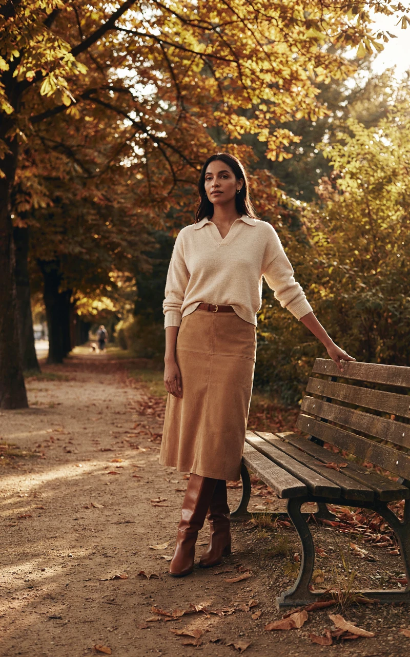A Woman in a cream knit polo sweater and tan suede midi skirt, a chic fall fashion look for weekends