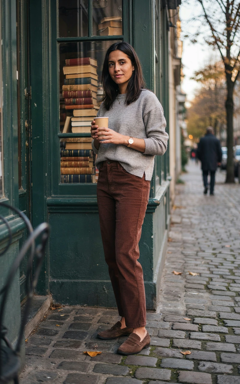 A Woman wearing chocolate corduroy trousers, a gray cashmere crewneck and suede loafers outside a bookshop