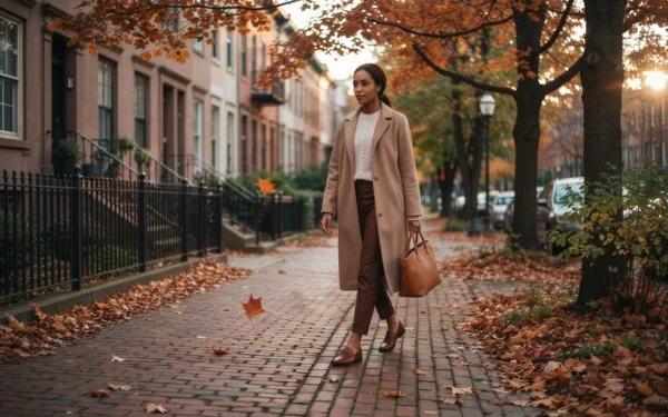 A dark brown woman wears one of the classic old money fall outfits, a camel coat over a cream knit, on a leafy sidewalk