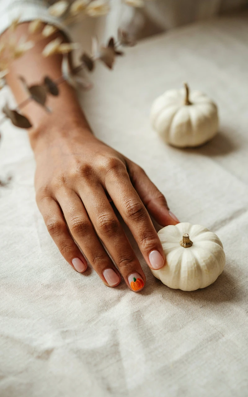 A woman's hand beside a white pumpkin with blush pink nails and a tiny painted pumpkin on the ring finger