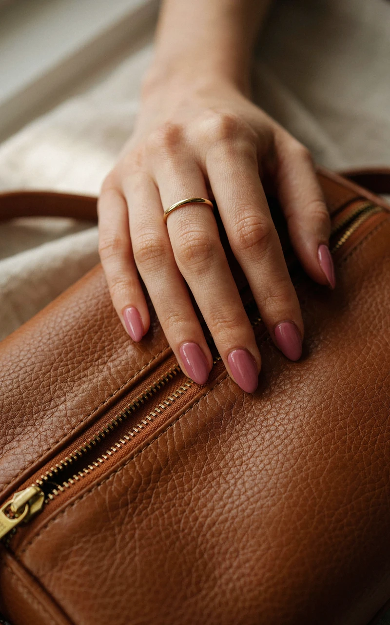 A woman's hand on a brown leather bag, showing long almond nails in a glossy deep mauve pink