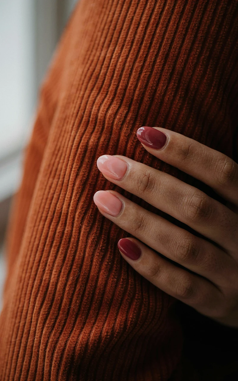 A woman's hand on a rust corduroy jacket with oval nails fading from soft pink to burgundy at the tips