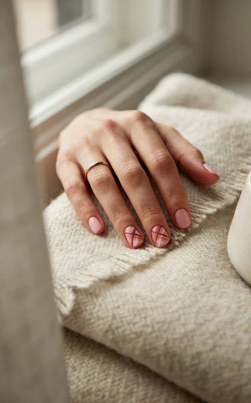 A woman's hand on a wool blanket with pink nails and burgundy, cream and mustard plaid on two accent nails