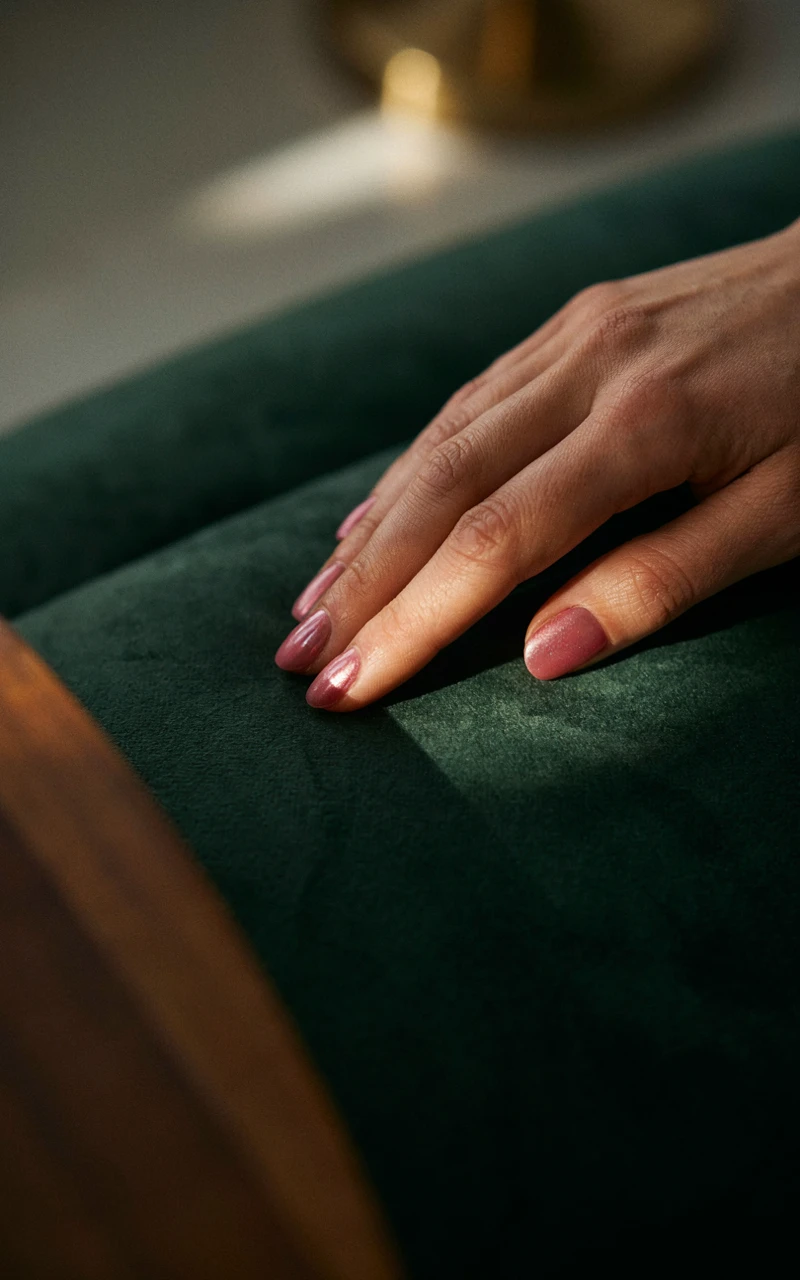 A woman's hand on a green velvet cushion with almond nails in a shimmering berry pink velvet polish