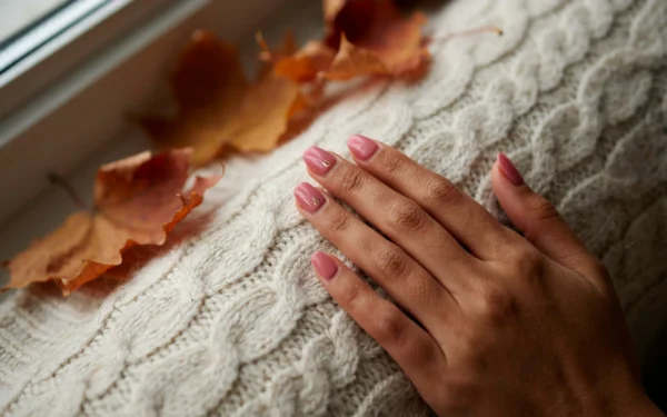 Pink fall nail ideas on a woman's hand: dusty rose almond nails with tiny gold leaves, resting on a cream knit sweater