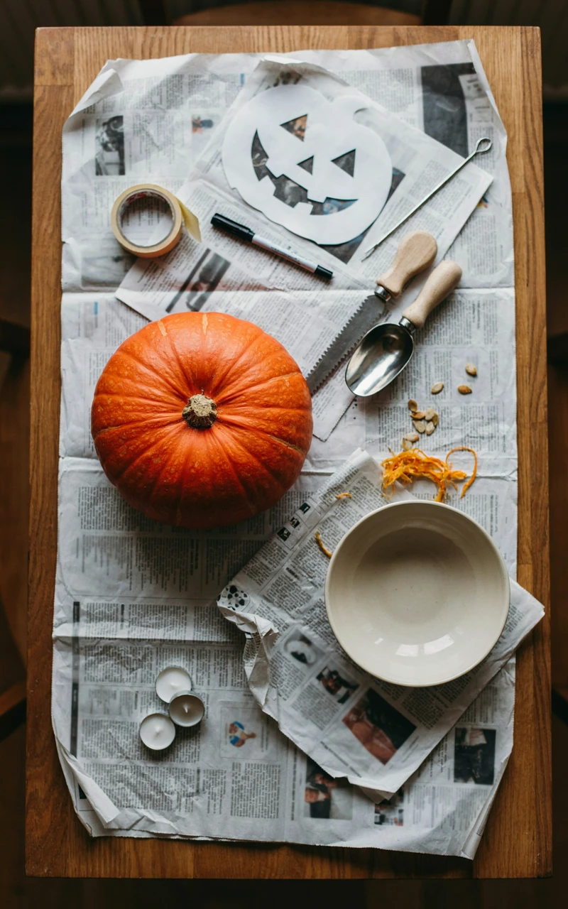 How to Create Cool Pumpkin Carving Designs at Home 2 Pumpkin carving tools laid out on newspaper, including a saw, a scoop, tape, a marker and a printed carving stencil