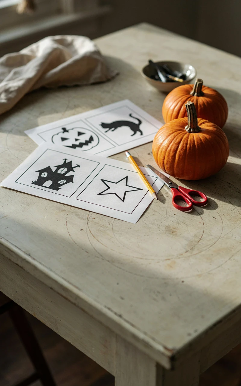 How to Create Cool Pumpkin Carving Designs at Home 3 Printed pumpkin carving patterns of a cat, a face and a haunted house spread on a table beside two uncarved pumpkins