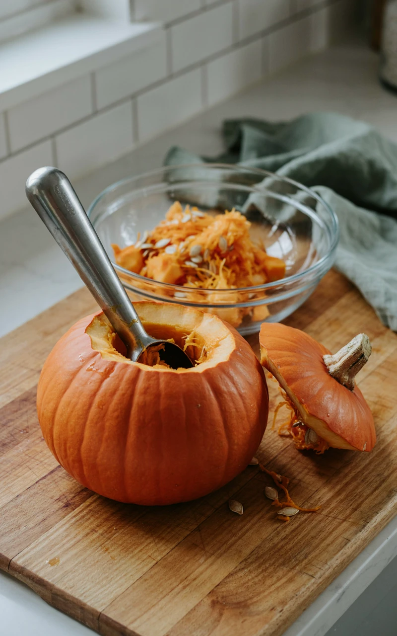 How to Create Cool Pumpkin Carving Designs at Home 4 A hollowed-out pumpkin with its angled lid off, a metal scoop, and a bowl of pumpkin seeds and pulp on a cutting board