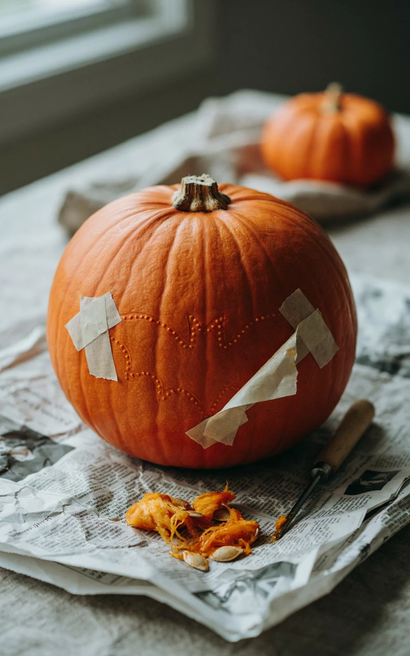 How to Create Cool Pumpkin Carving Designs at Home 5 A paper pumpkin carving template taped to a pumpkin, with poked dots tracing a bat outline into the orange skin