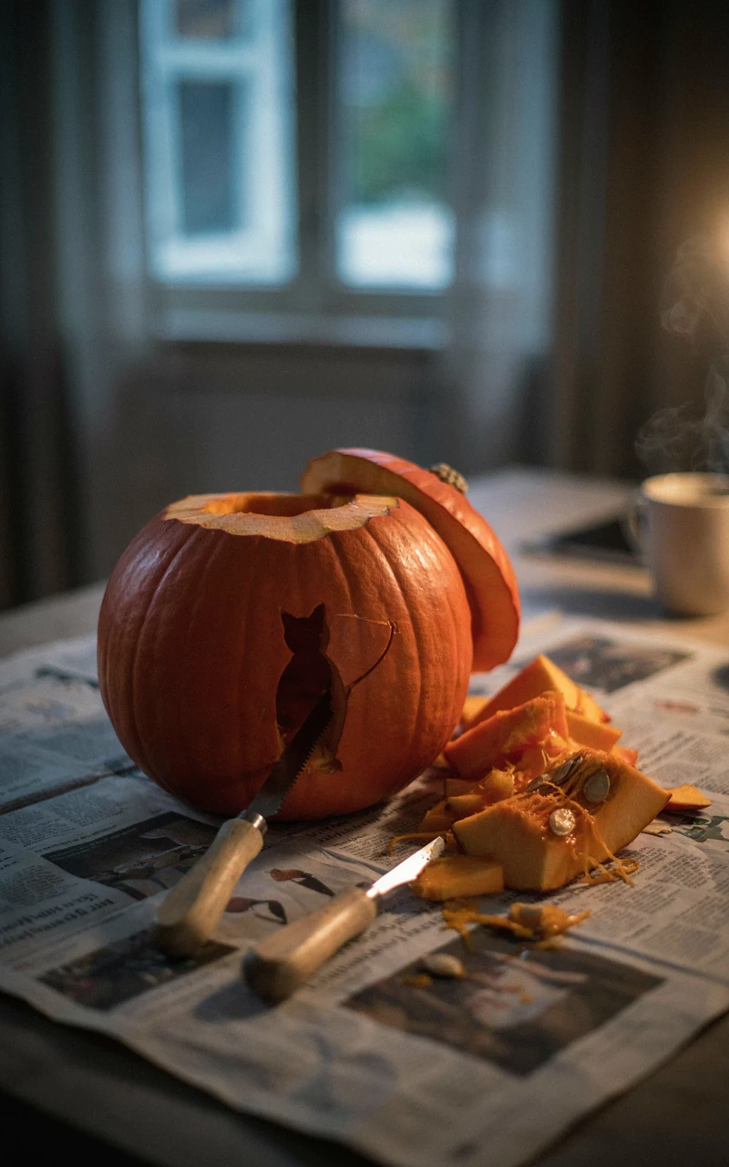How to Create Cool Pumpkin Carving Designs at Home 6 A half-carved pumpkin with a cat silhouette, cut-out pieces and a small carving saw resting on newspaper