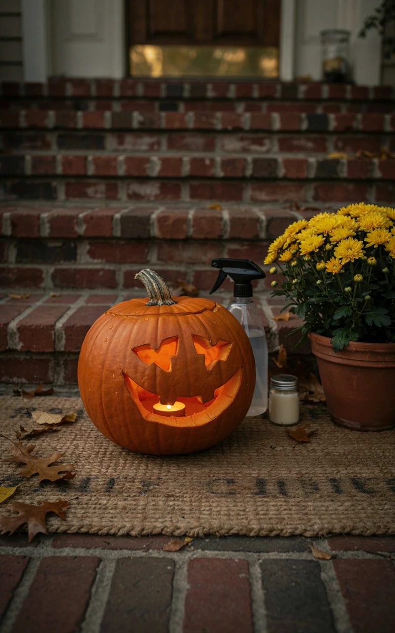 How to Create Cool Pumpkin Carving Designs at Home 7 A glowing carved pumpkin with a moon and bats design on a brick stoop beside petroleum jelly and a spray bottle