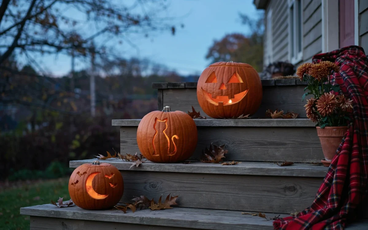 Three glowing jack-o'-lanterns with different pumpkin carving designs lined up on wooden porch steps at dusk