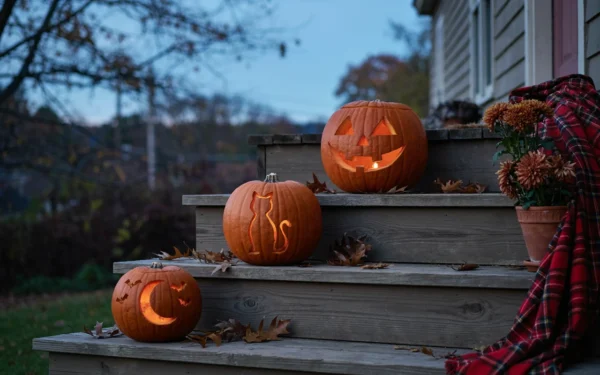 Three glowing jack-o'-lanterns with different pumpkin carving designs lined up on wooden porch steps at dusk