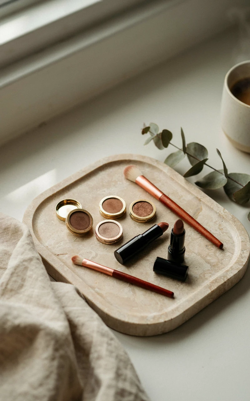 Matte brown eyeshadow singles and a blending brush arranged on a beige stone tray.