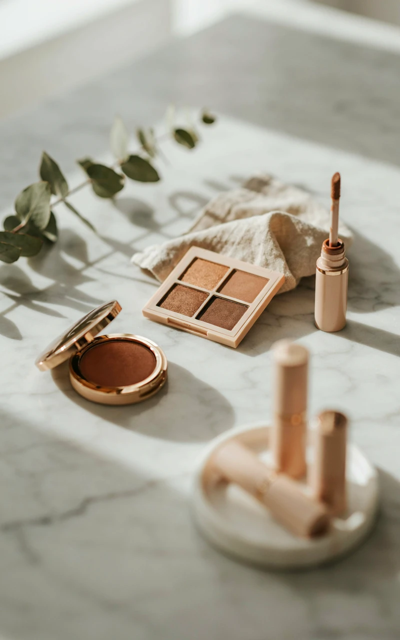 A cocoa-toned cream blush, lip tint, and warm brown eyeshadows on a white marble vanity.