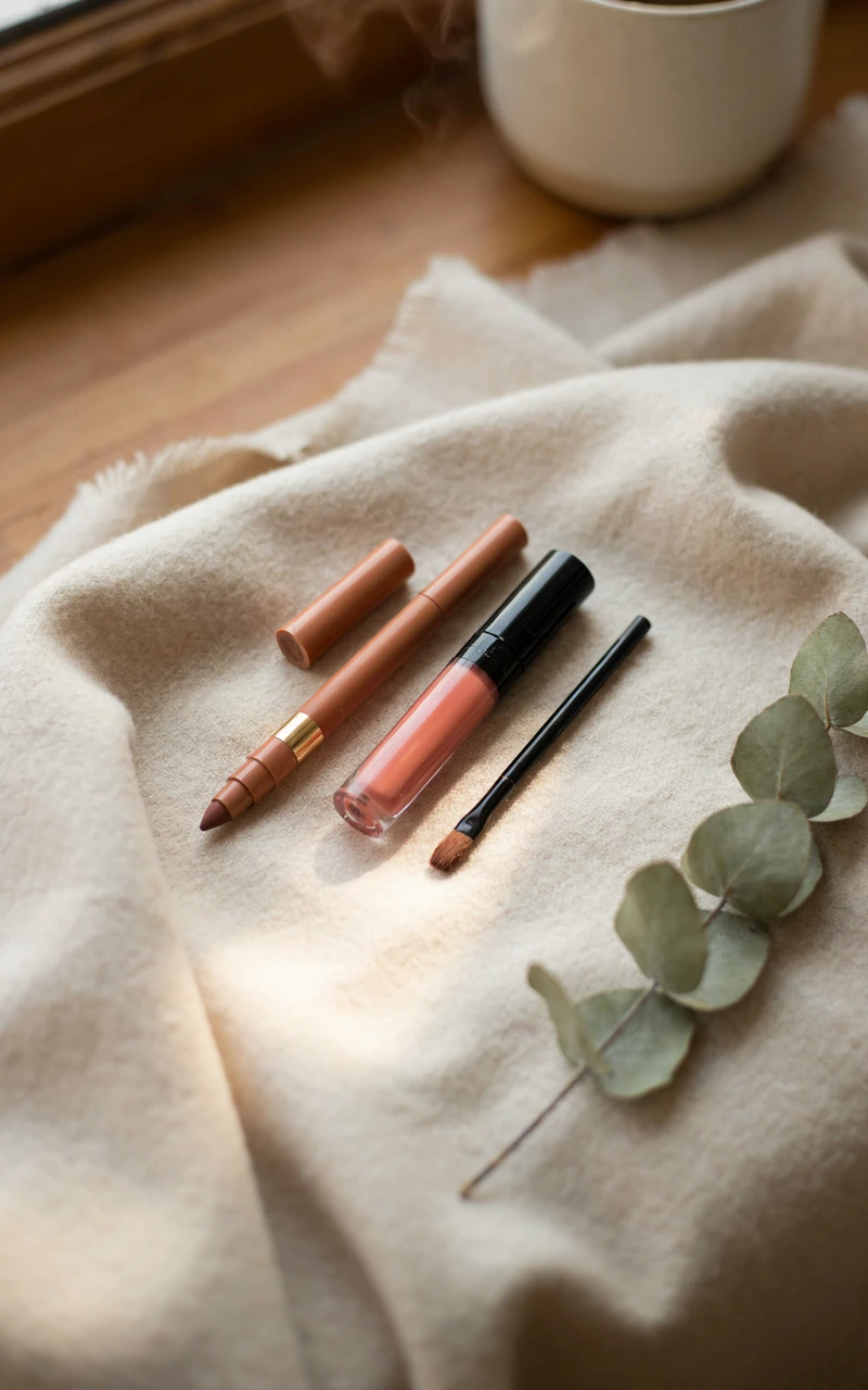 A dark chocolate eyeliner pencil and clear lip gloss resting on a soft cream cashmere scarf.