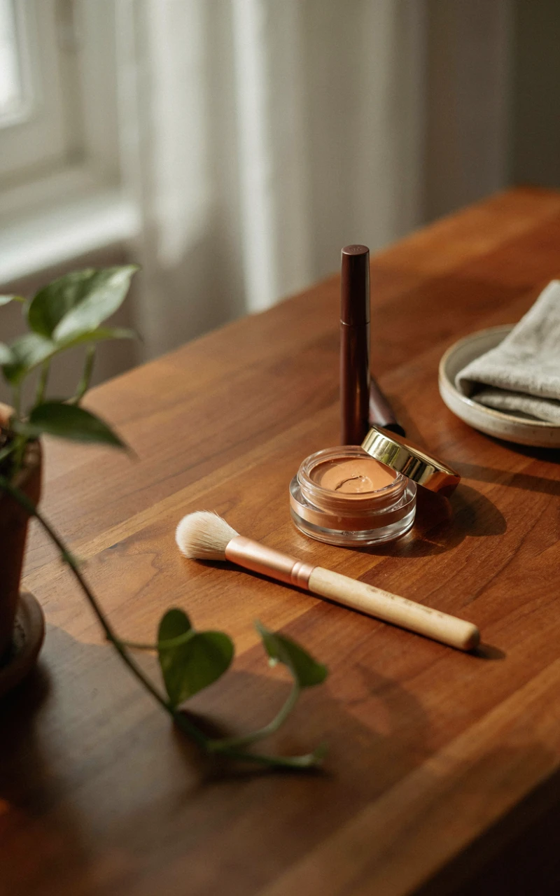 A caramel-toned cream bronzer and brown mascara arranged on a warm wooden vanity top.