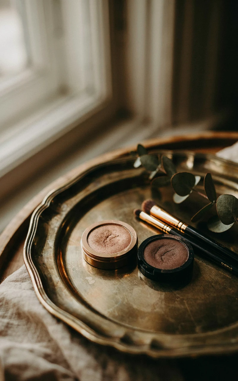 A shimmering bronze eyeshadow pot and deep espresso powder shadow on a gold mirrored tray.